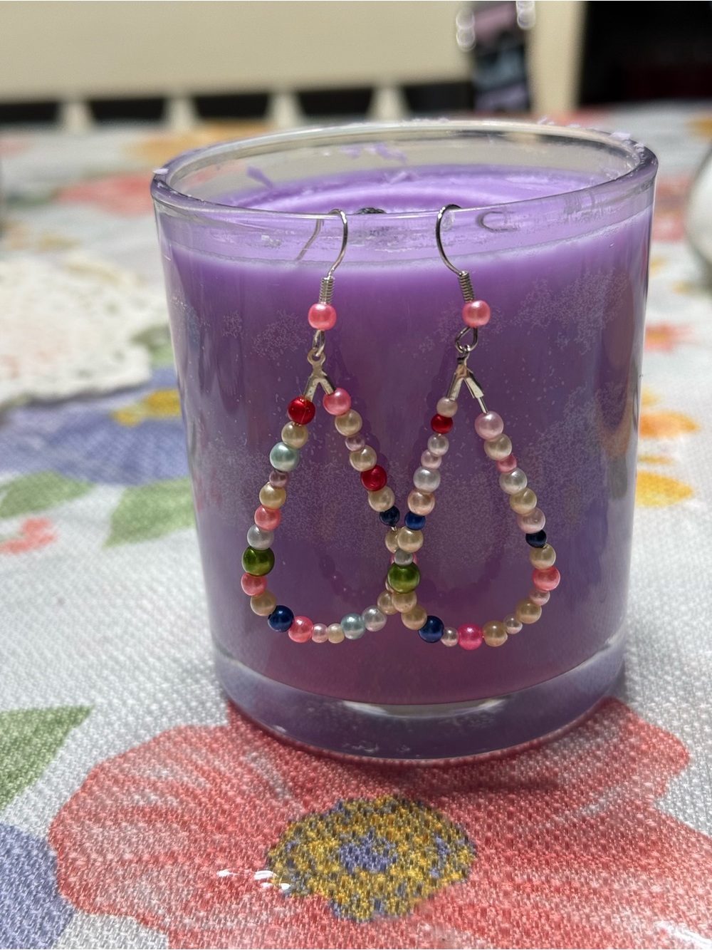 Hand Crafted Multicolor Beaded Teardrop Earrings - Pink Green Blue Pearl